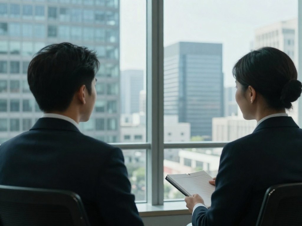 物业集团办公室里，两位负责人望向窗外的城市商务区