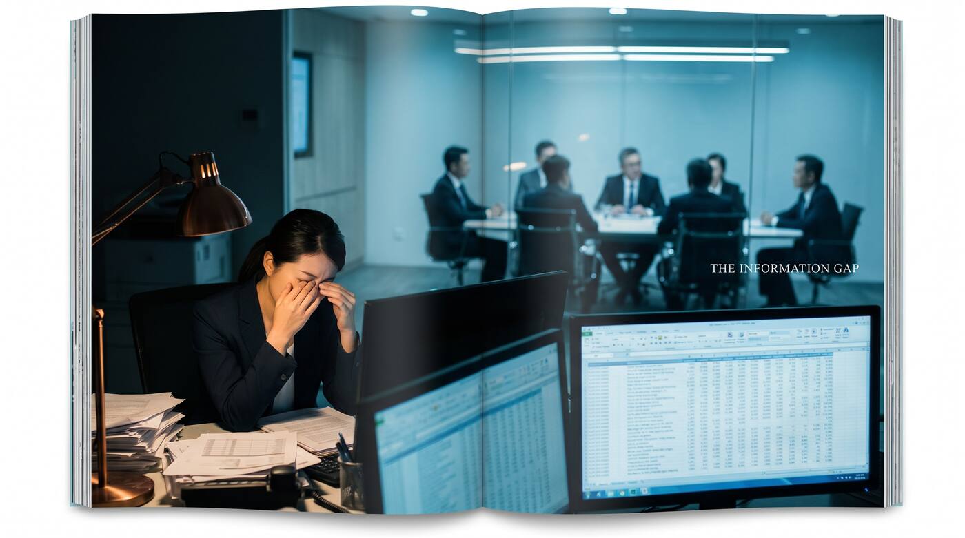 一线员工深夜核对报表,远处玻璃墙后的会议室灯火通明——信息错位:最痛的人离决策最远