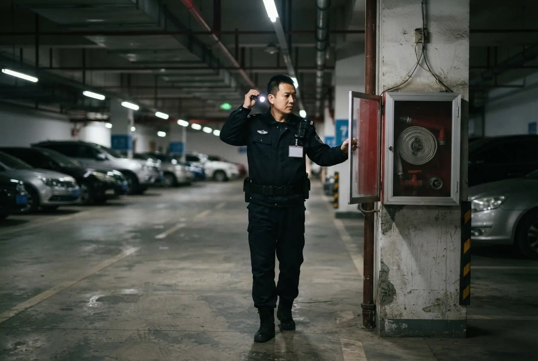 保安夜间在地下车库巡逻并打开消火栓箱检查