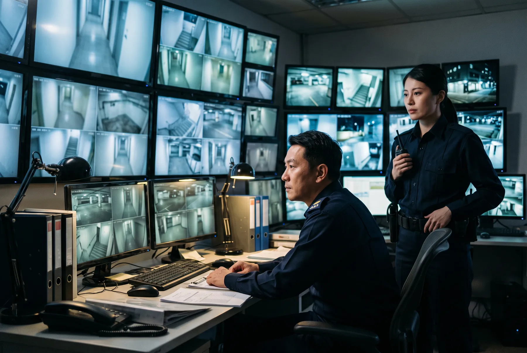 安保人员在监控中心查看门禁与监控画面