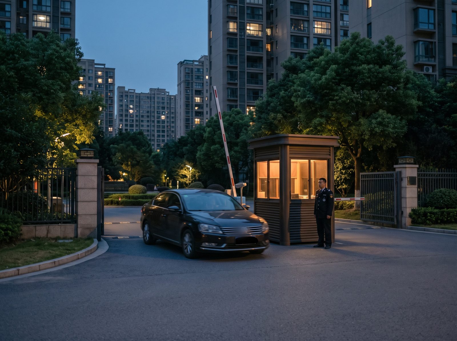 住宅小区车辆出入口,道闸抬杆放行,保安在岗亭旁值守(场景示意)