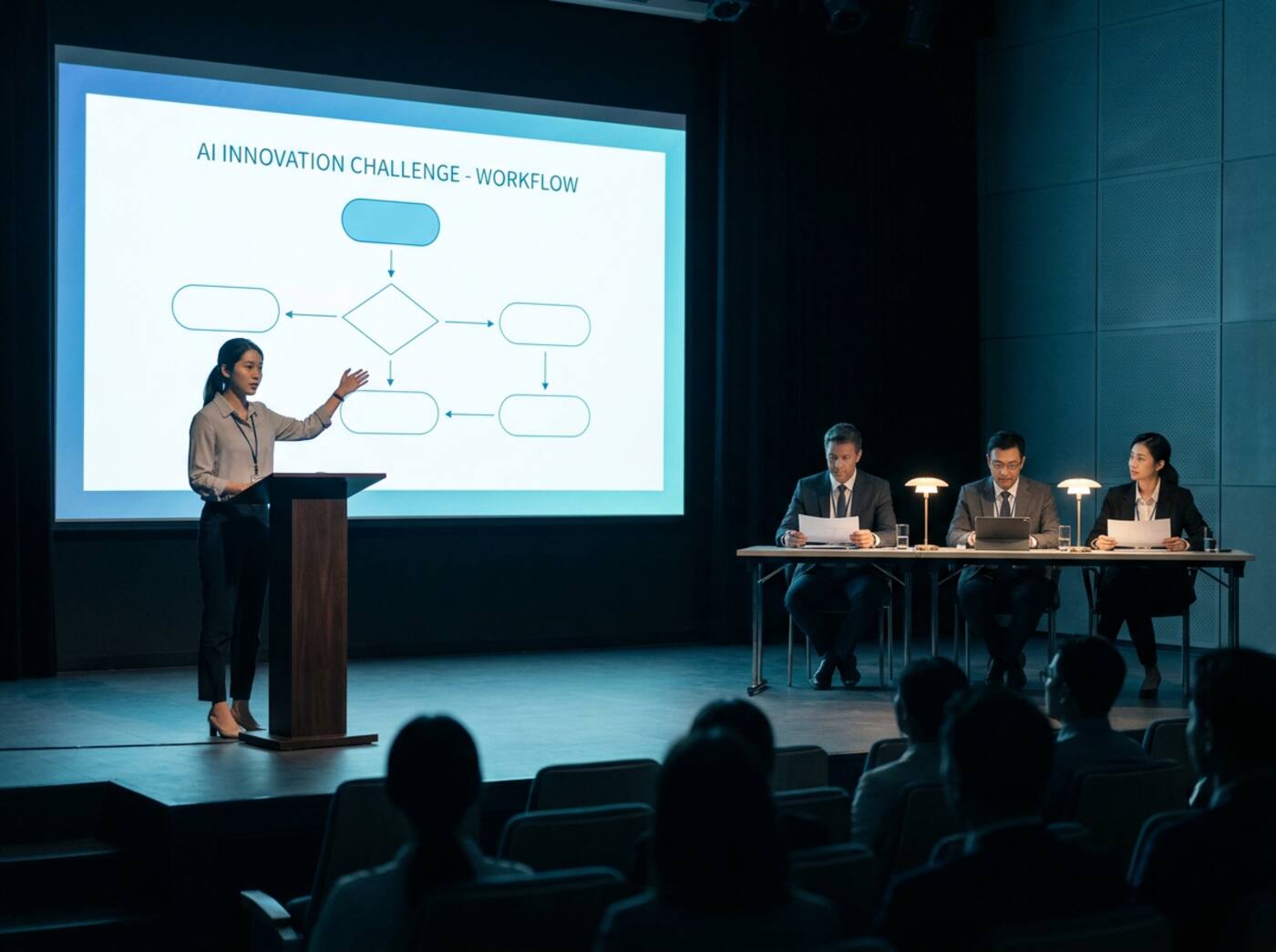 AI 应用创新大赛：员工在决赛现场向评委路演自己的课题